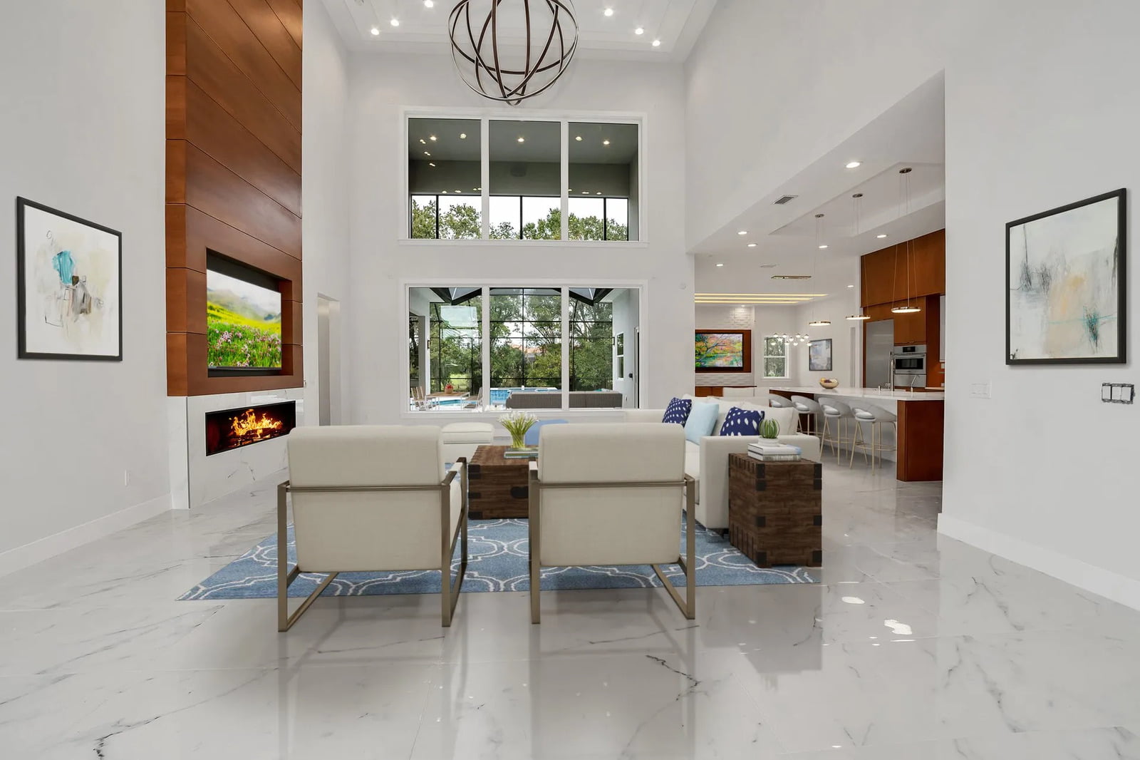 Living room with windows in a luxury home